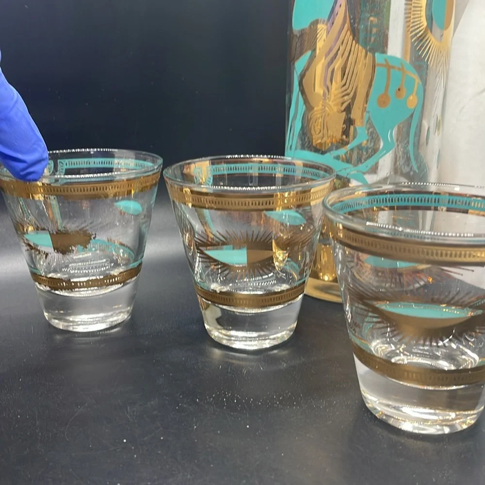Vintage 60’s Fred Press Trojan Horse 22k Gold Turquoise 8 Pc MCM Barware Set